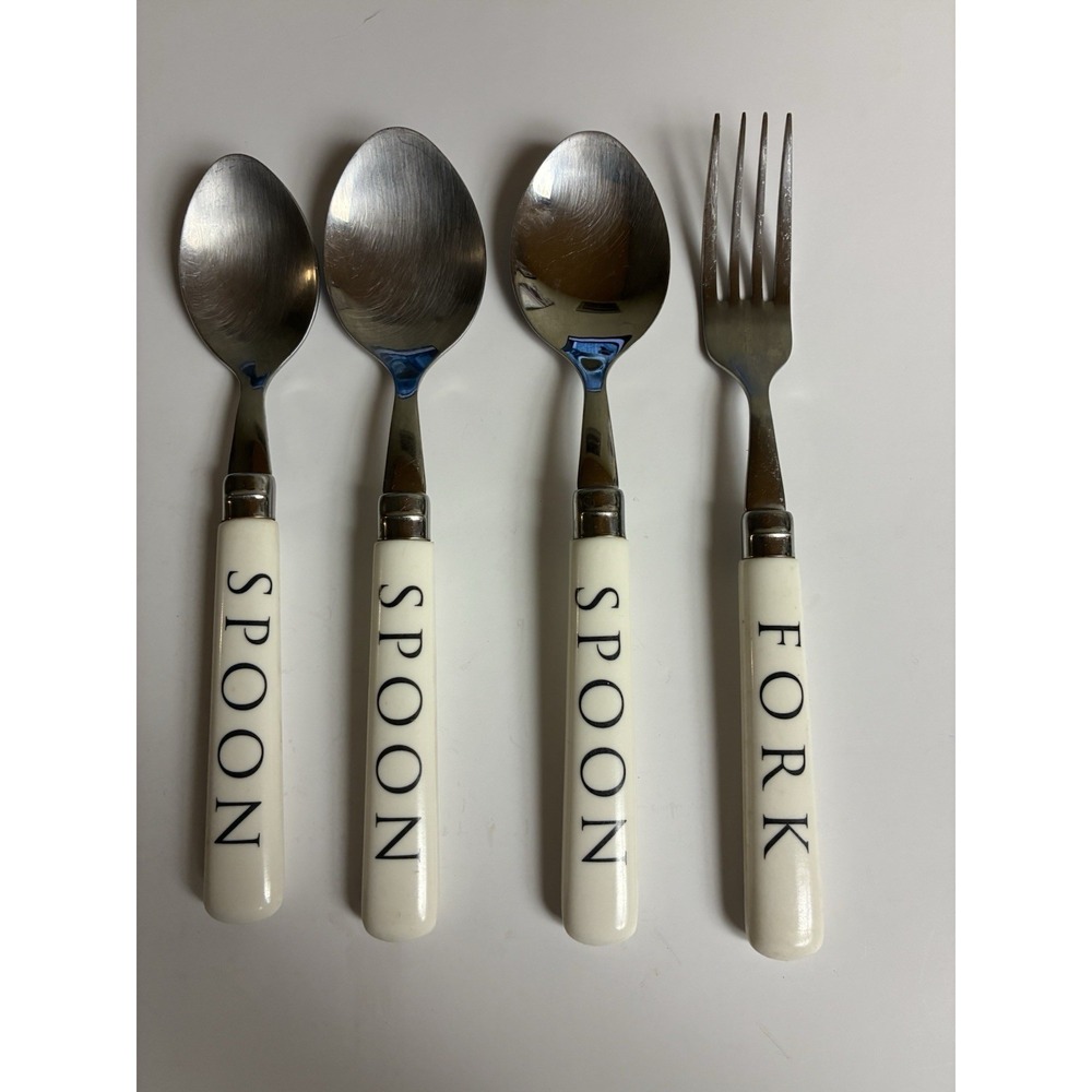Vintage Flatware 4 Pieces White Plastic Handle Spoon Fork Print‎